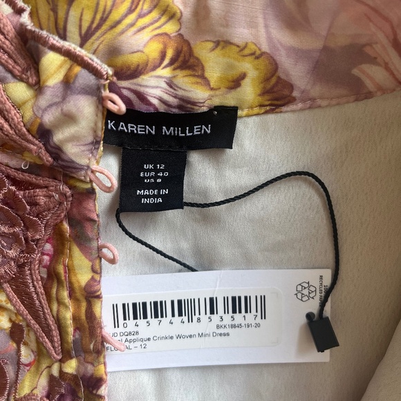Karen Millen Floral Applique Crinkle Woven Cocktail Balloon Sleeves Mini Dress 8 - Picture 9 of 11